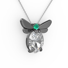 Elisa Kelebek Kolye - Beyaz zirkon ve kök zümrüt 925 ayar siyah rodyum kaplama gümüş kolye (40 cm beyaz altın rolo zincir) #1tcelhc