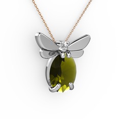Peridot ve beyaz zirkon 14 ayar beyaz altın kolye (40 cm rose altın rolo zincir)