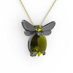 Peridot 925 ayar siyah rodyum kaplama gümüş kolye (40 cm altın rolo zincir)