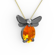 Elisa Kelebek Kolye - Sitrin ve beyaz zirkon 925 ayar siyah rodyum kaplama gümüş kolye (40 cm altın rolo zincir) #1ug5qcc