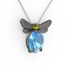 Akuamarin ve peridot 925 ayar siyah rodyum kaplama gümüş kolye (40 cm beyaz altın rolo zincir)