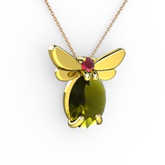 Peridot ve kök yakut 14 ayar altın kolye (40 cm rose altın rolo zincir)