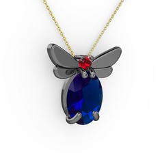 Lab safir ve garnet 925 ayar siyah rodyum kaplama gümüş kolye (40 cm altın rolo zincir)