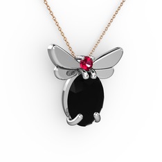 Siyah zirkon ve rodolit garnet 14 ayar beyaz altın kolye (40 cm rose altın rolo zincir)