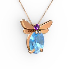 Akuamarin ve ametist 14 ayar rose altın kolye (40 cm rose altın rolo zincir)