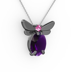 Elisa Kelebek Kolye - Ametist ve pembe kuvars 925 ayar siyah rodyum kaplama gümüş kolye (40 cm beyaz altın rolo zincir) #1wzaxmo
