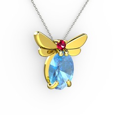 Akuamarin ve rodolit garnet 18 ayar altın kolye (40 cm beyaz altın rolo zincir)