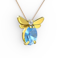 Elisa Kelebek Kolye - Akuamarin ve pırlanta 8 ayar altın kolye (0.24 karat, 40 cm rose altın rolo zincir) #1ybu3nk