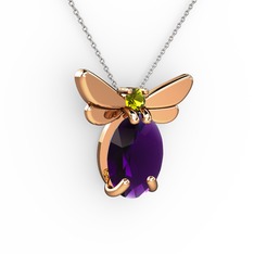 Ametist ve peridot 925 ayar rose altın kaplama gümüş kolye (40 cm beyaz altın rolo zincir)