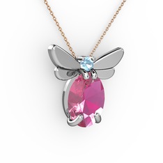 Pembe kuvars ve akuamarin 18 ayar beyaz altın kolye (40 cm rose altın rolo zincir)