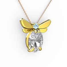 Elisa Kelebek Kolye - Beyaz zirkon ve akuamarin 8 ayar altın kolye (40 cm rose altın rolo zincir) #3c04bw