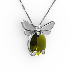 Elisa Kelebek Kolye - Peridot ve pırlanta 18 ayar beyaz altın kolye (0.24 karat, 40 cm gümüş rolo zincir) #3eqti3