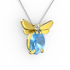 Elisa Kelebek Kolye - Akuamarin ve beyaz zirkon 925 ayar altın kaplama gümüş kolye (40 cm beyaz altın rolo zincir) #3l6m27