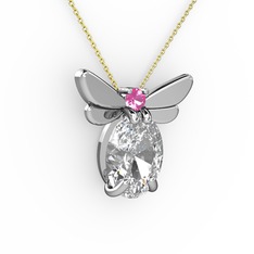 Swarovski ve pembe kuvars 8 ayar beyaz altın kolye (40 cm gümüş rolo zincir)