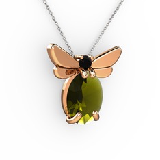 Peridot ve siyah zirkon 14 ayar rose altın kolye (40 cm beyaz altın rolo zincir)