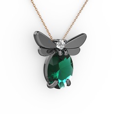 Elisa Kelebek Kolye - Yeşil kuvars ve pırlanta 925 ayar siyah rodyum kaplama gümüş kolye (0.24 karat, 40 cm rose altın rolo zincir) #63x41x