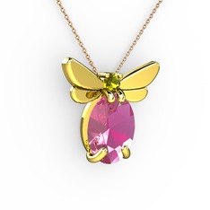 Elisa Kelebek Kolye - Pembe kuvars ve peridot 14 ayar altın kolye (40 cm rose altın rolo zincir) #69iqmt