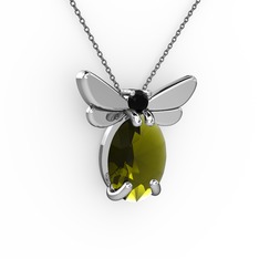 Peridot ve siyah zirkon 18 ayar beyaz altın kolye (40 cm gümüş rolo zincir)
