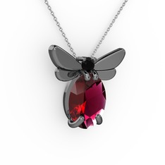 Elisa Kelebek Kolye - Rodolit garnet ve siyah zirkon 925 ayar siyah rodyum kaplama gümüş kolye (40 cm beyaz altın rolo zincir) #6hmbap