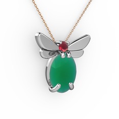 Kök zümrüt ve kök yakut 18 ayar beyaz altın kolye (40 cm rose altın rolo zincir)