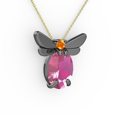 Elisa Kelebek Kolye - Pembe kuvars ve sitrin 925 ayar siyah rodyum kaplama gümüş kolye (40 cm altın rolo zincir) #7pei88