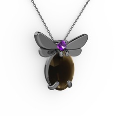 Elisa Kelebek Kolye - Dumanlı kuvars ve ametist 925 ayar siyah rodyum kaplama gümüş kolye (40 cm gümüş rolo zincir) #8zbnlg