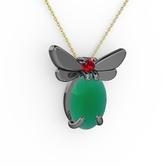 Kök zümrüt ve garnet 925 ayar siyah rodyum kaplama gümüş kolye (40 cm altın rolo zincir)