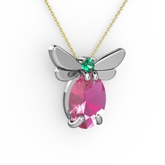 Elisa Kelebek Kolye - Pembe kuvars ve yeşil kuvars 18 ayar beyaz altın kolye (40 cm altın rolo zincir) #b7htck