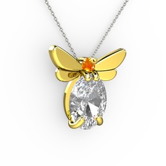 Swarovski ve sitrin 925 ayar altın kaplama gümüş kolye (40 cm beyaz altın rolo zincir)