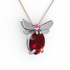 Elisa Kelebek Kolye - Garnet ve pembe kuvars 8 ayar beyaz altın kolye (40 cm gümüş rolo zincir) #dd3nxp