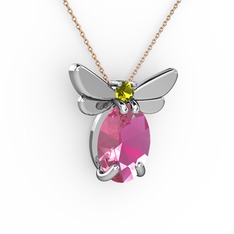 Elisa Kelebek Kolye - Pembe kuvars ve peridot 14 ayar beyaz altın kolye (40 cm gümüş rolo zincir) #eb8apn