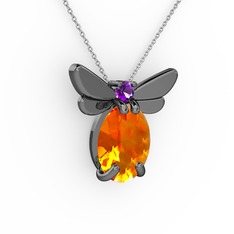 Sitrin ve ametist 925 ayar siyah rodyum kaplama gümüş kolye (40 cm beyaz altın rolo zincir)