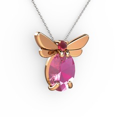 Pembe kuvars ve kök yakut 8 ayar rose altın kolye (40 cm beyaz altın rolo zincir)