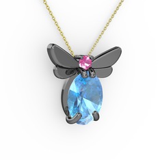 Elisa Kelebek Kolye - Akuamarin ve pembe kuvars 925 ayar siyah rodyum kaplama gümüş kolye (40 cm gümüş rolo zincir) #jipomb