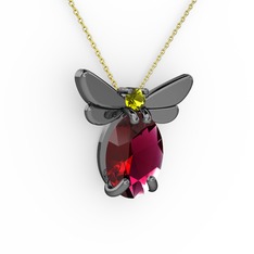 Rodolit garnet ve peridot 925 ayar siyah rodyum kaplama gümüş kolye (40 cm altın rolo zincir)