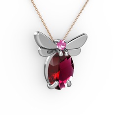Rodolit garnet ve pembe kuvars 8 ayar beyaz altın kolye (40 cm rose altın rolo zincir)