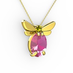 Elisa Kelebek Kolye - Pembe kuvars ve peridot 8 ayar altın kolye (40 cm altın rolo zincir) #m15pgi