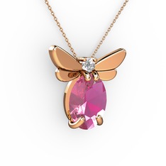 Pembe kuvars ve swarovski 8 ayar rose altın kolye (40 cm rose altın rolo zincir)