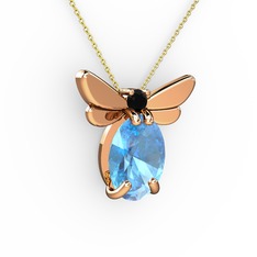 Elisa Kelebek Kolye - Akuamarin ve siyah zirkon 8 ayar rose altın kolye (40 cm altın rolo zincir) #nnojj4
