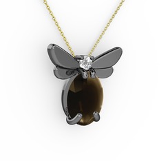 Elisa Kelebek Kolye - Dumanlı kuvars ve pırlanta 925 ayar siyah rodyum kaplama gümüş kolye (0.24 karat, 40 cm altın rolo zincir) #o4kzjm