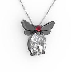 Swarovski ve kök yakut 925 ayar siyah rodyum kaplama gümüş kolye (40 cm gümüş rolo zincir)