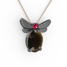 Dumanlı kuvars ve rodolit garnet 925 ayar siyah rodyum kaplama gümüş kolye (40 cm rose altın rolo zincir)