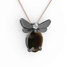 Elisa Kelebek Kolye - Dumanlı kuvars ve pırlanta 925 ayar siyah rodyum kaplama gümüş kolye (0.24 karat, 40 cm rose altın rolo zincir) #r9dip8