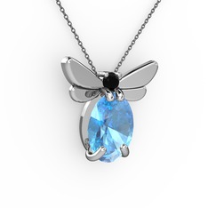Elisa Kelebek Kolye - Akuamarin ve siyah zirkon 18 ayar beyaz altın kolye (40 cm gümüş rolo zincir) #sb6hpd