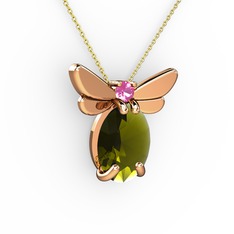 Peridot ve pembe kuvars 14 ayar rose altın kolye (40 cm altın rolo zincir)