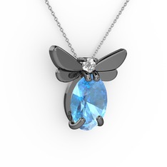 Elisa Kelebek Kolye - Akuamarin ve beyaz zirkon 925 ayar siyah rodyum kaplama gümüş kolye (40 cm gümüş rolo zincir) #u9t43q