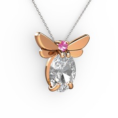 Swarovski ve pembe kuvars 8 ayar rose altın kolye (40 cm beyaz altın rolo zincir)
