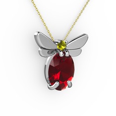 Garnet ve peridot 18 ayar beyaz altın kolye (40 cm altın rolo zincir)