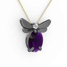 Elisa Kelebek Kolye - Ametist ve swarovski 925 ayar siyah rodyum kaplama gümüş kolye (40 cm altın rolo zincir) #v20ktf