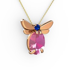 Pembe kuvars ve lab safir 18 ayar rose altın kolye (40 cm altın rolo zincir)